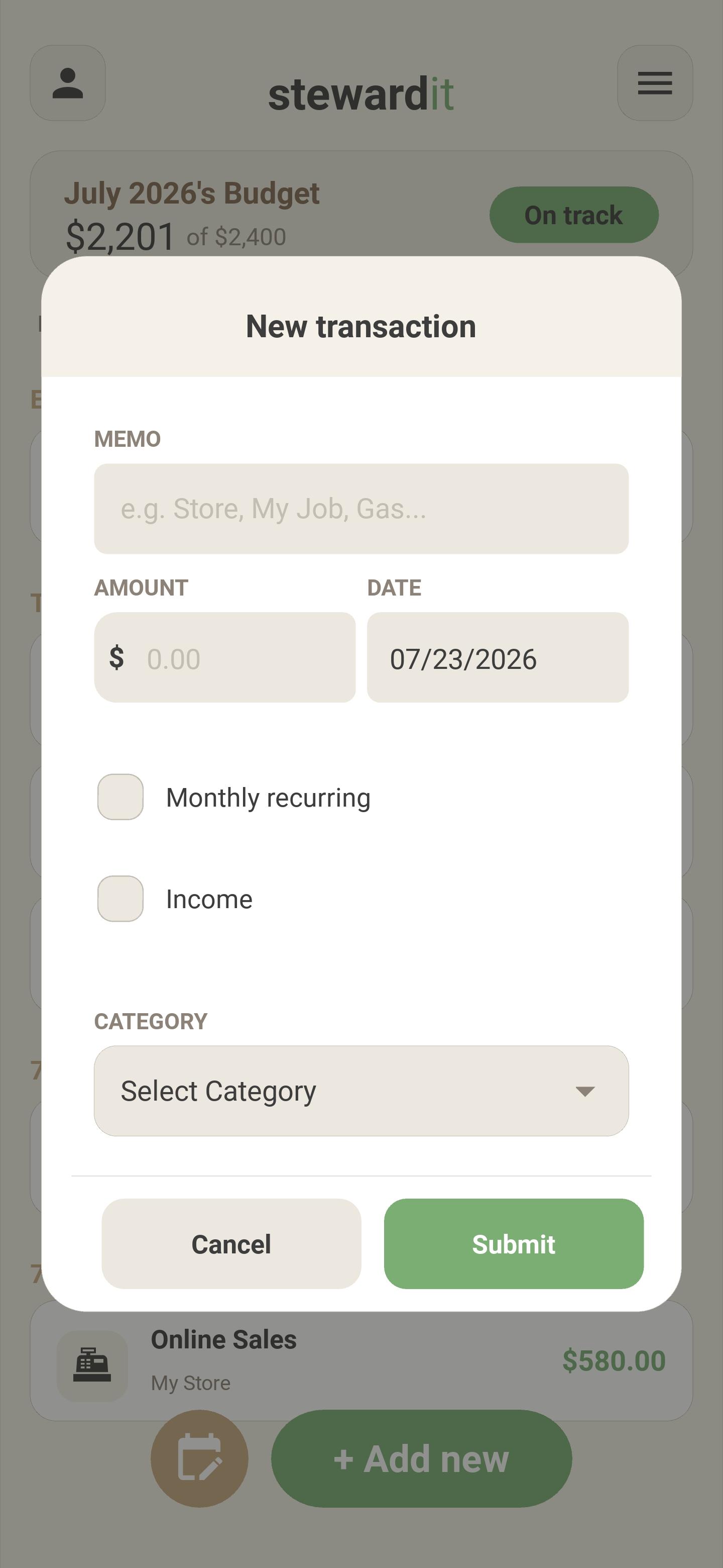 Stewardit — the add new transaction tab
